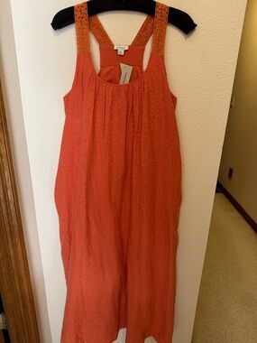 Sundance Coral Orange Eyelet Midi Dress with Lace Straps